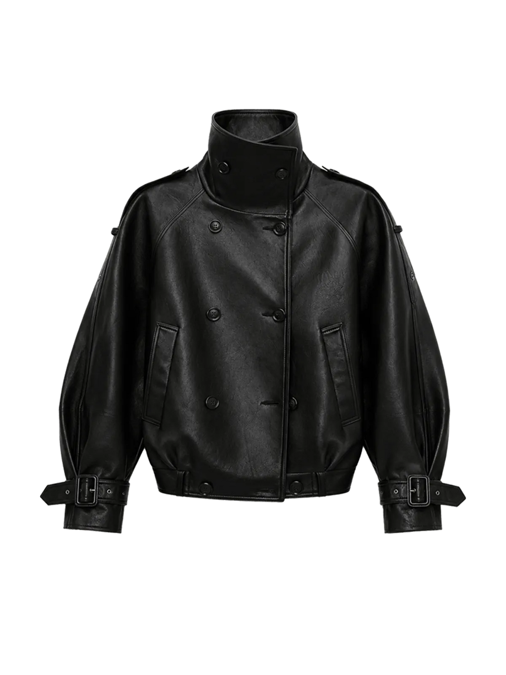 Lambskin funnel-neck leather jacket shown for comparing finish, pattern and construction beyond the material label