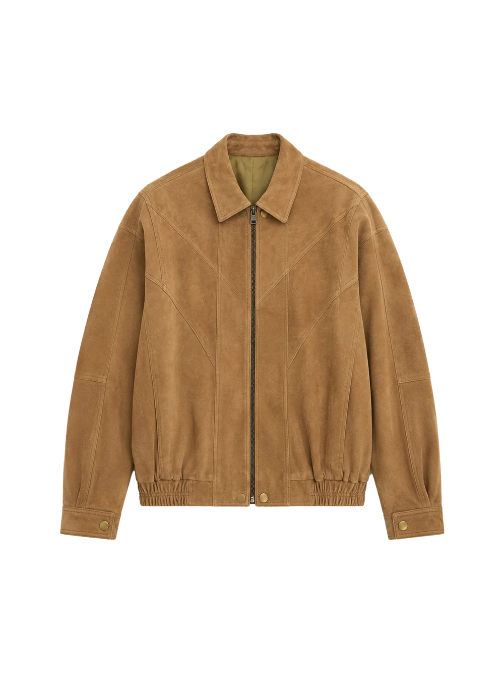 Suede sheepskin leather jacket photographed in full view for evaluating product photo coverage
