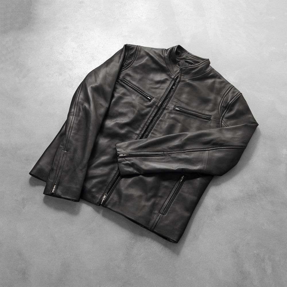 Black leather jacket with band collar and front zipper