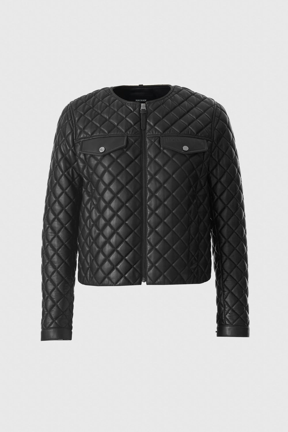 Black cropped leather jacket with all-over diamond quilting, center zip, collarless neck and two chest flaps.