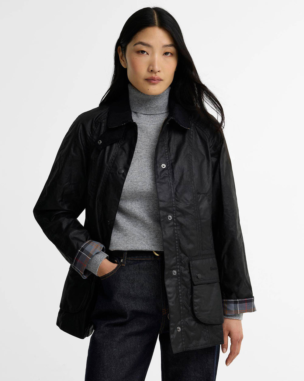 Black Barbour Beadnell waxed jacket front with collar and lower pockets