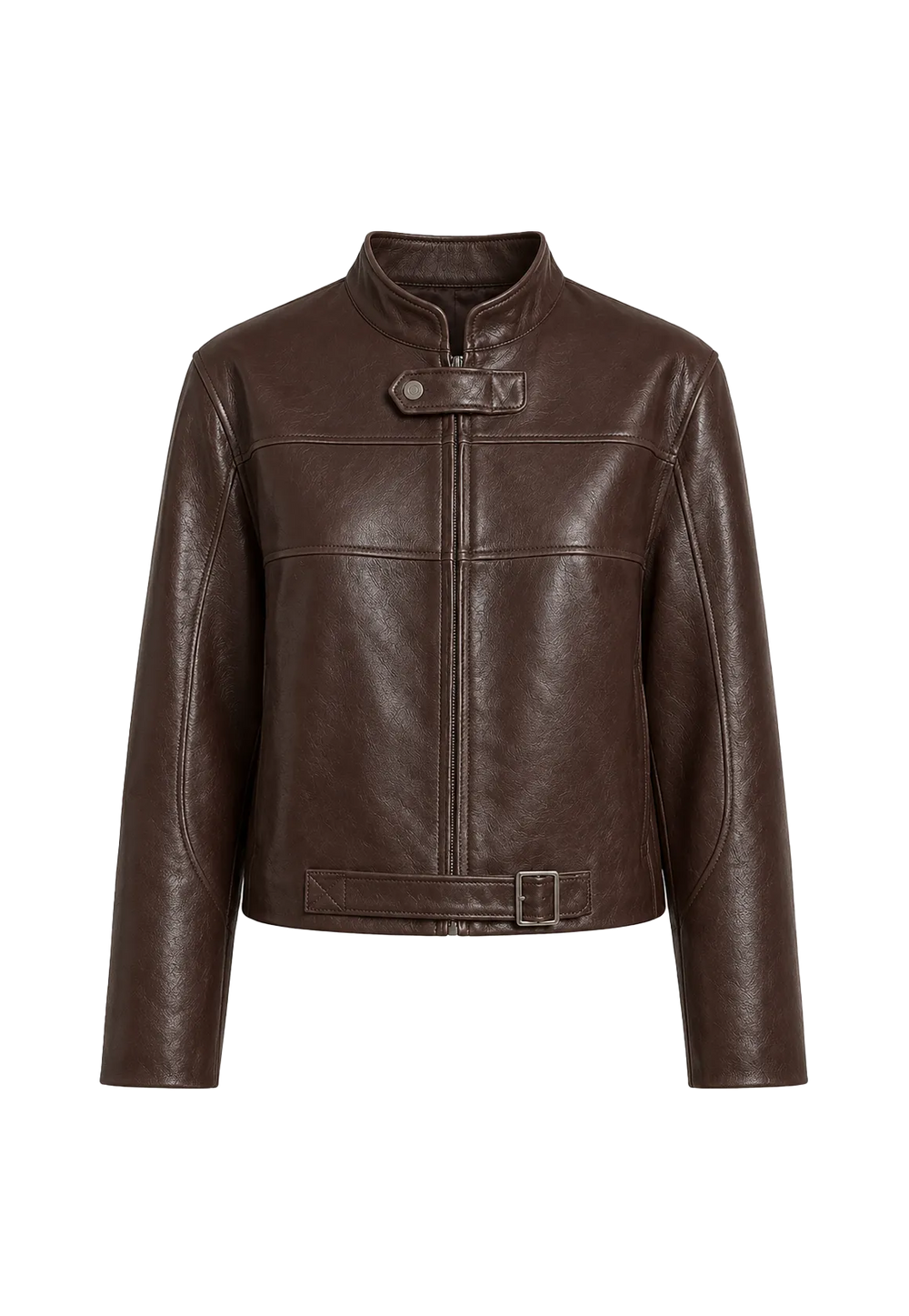 Brown stand-collar short leather motorcycle jacket showing café racer proportions