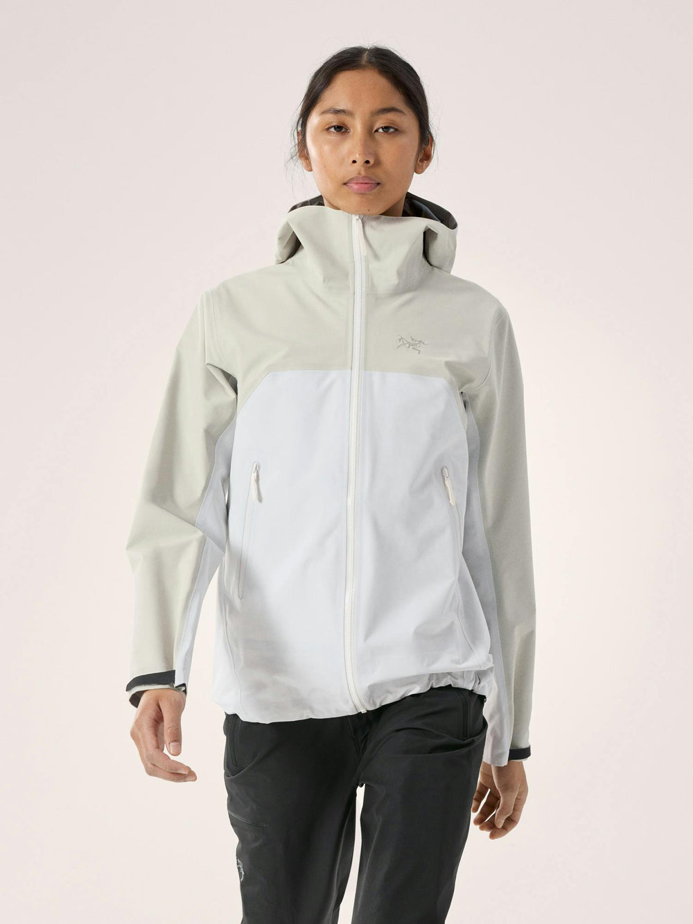 Arc'teryx Beta hooded shell shown from the front with its zipper closed