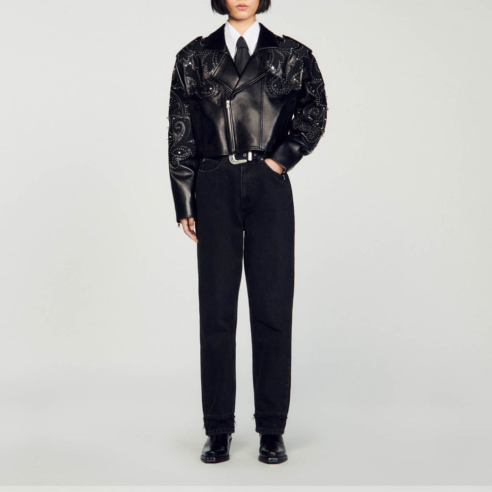 Sandro studded embroidered leather jacket front