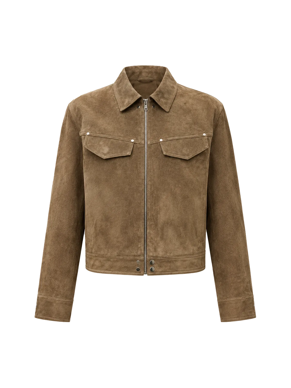 Short suede leather jacket showing a defined cropped hem