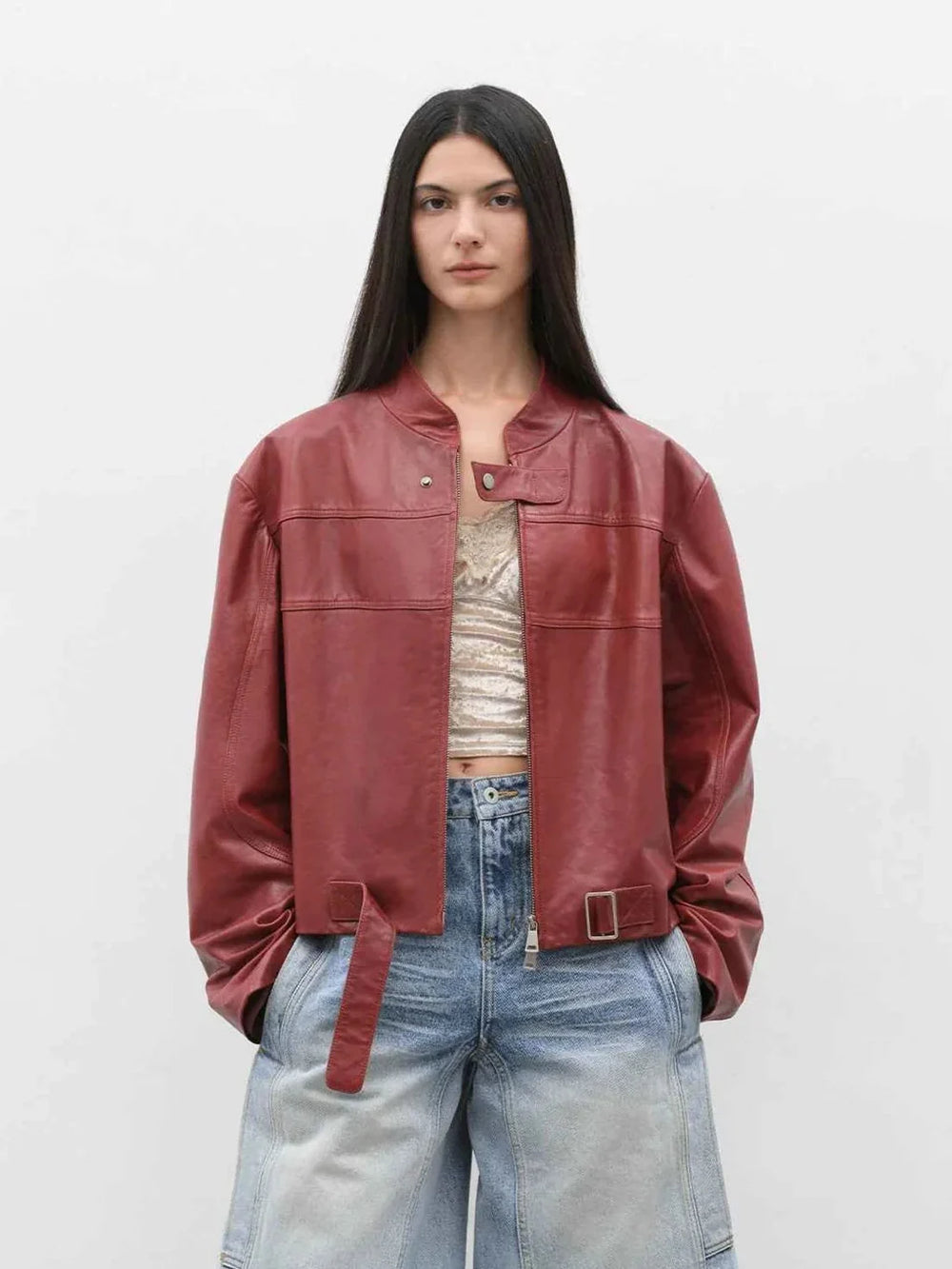 Claret short leather jacket front model view