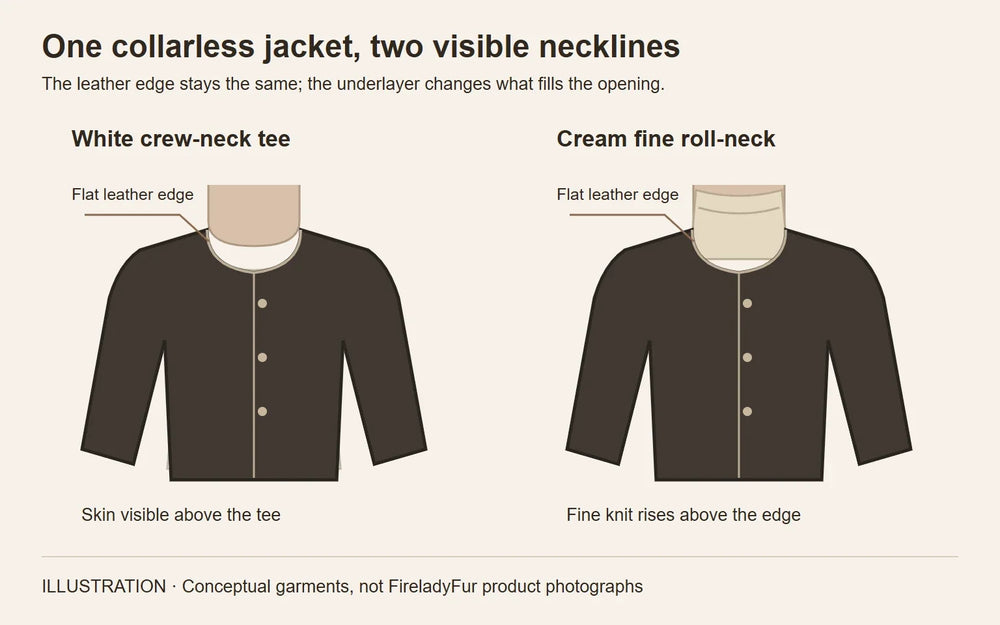Round collarless neckline with a crew neck versus a fine roll-neck. Conceptual illustration; not a FireladyFur product photograph.