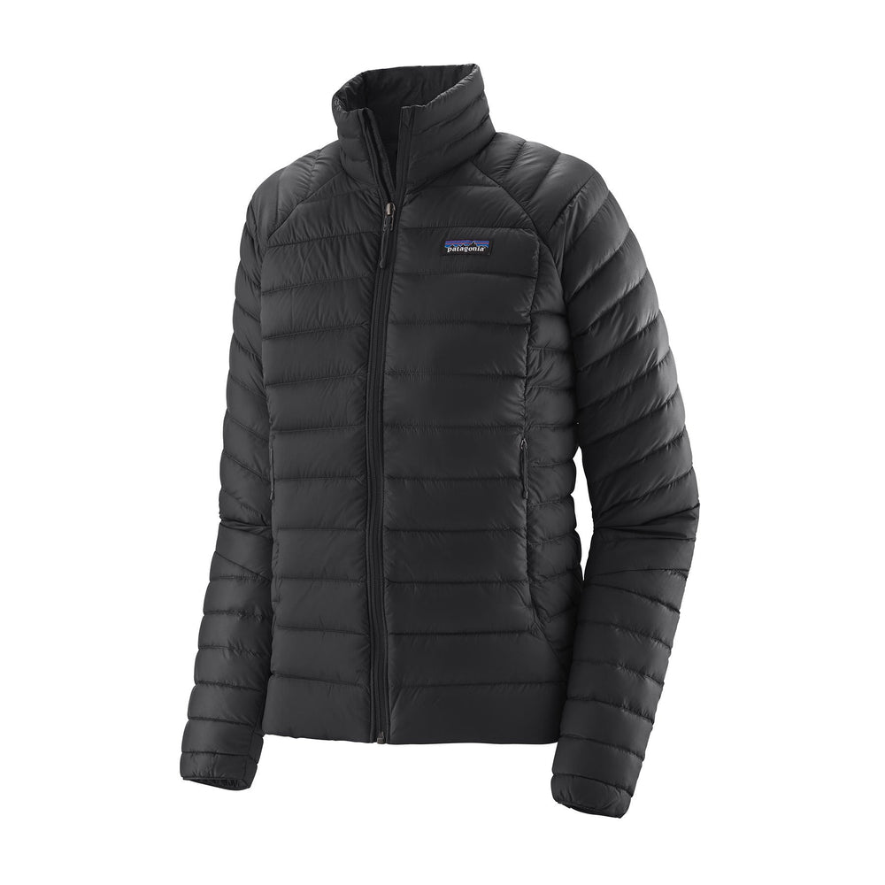 Black Patagonia Women's Down Sweater front with horizontal quilted sections and zip front