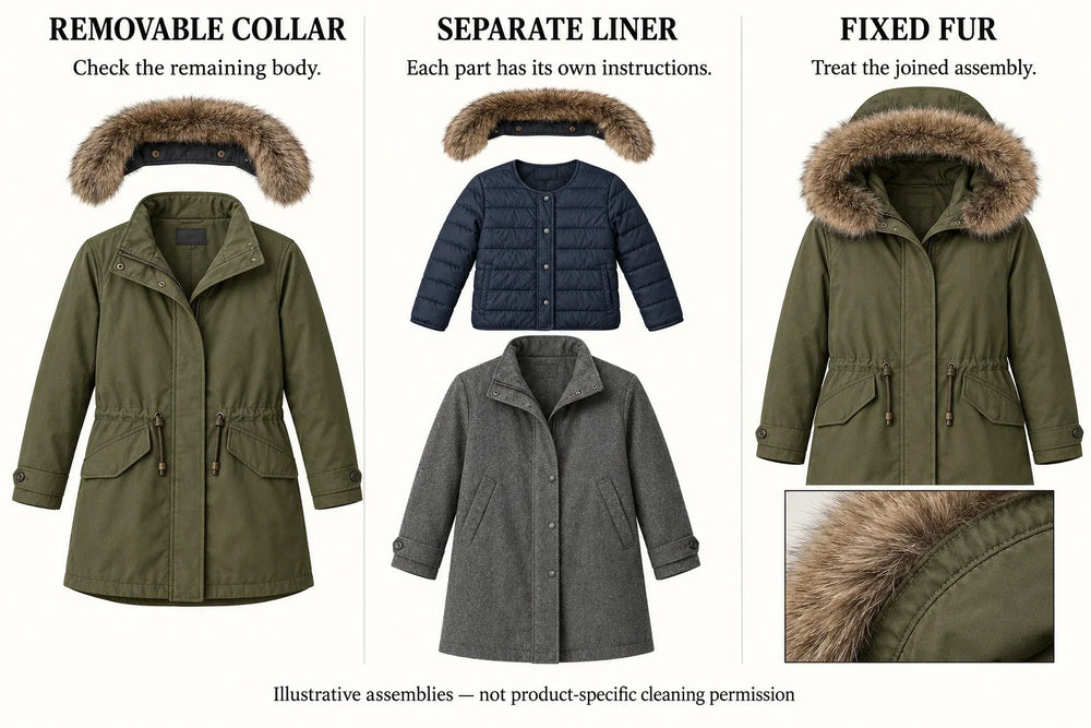 Three illustrative assemblies with removable collar, separate down liner and fixed hood fur
