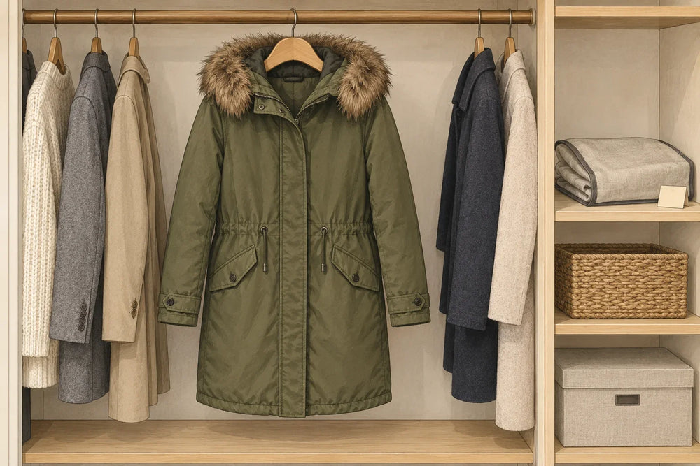 Illustrated olive parka hanging on a broad shoulder-shaped hanger with its body and sleeves resting freely