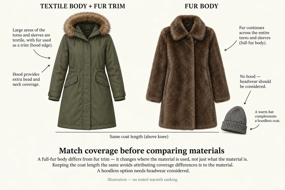 Equal-length textile parka with fur hood trim and full-fur coat with separate hat