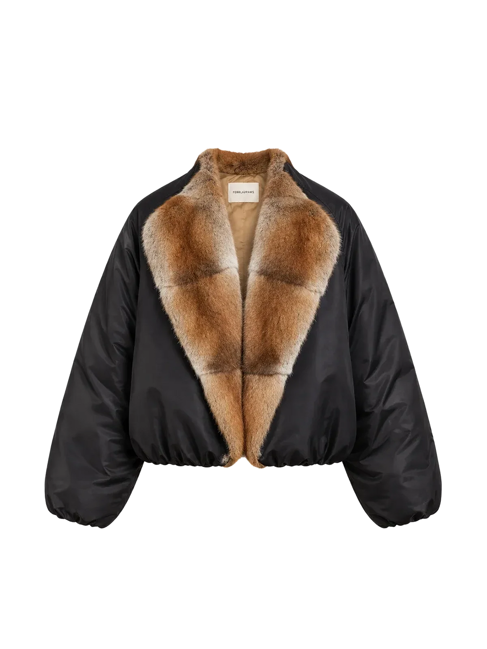 Black short Hull Contract jacket with brown fur along the open neckline and front edges, and a gathered hem