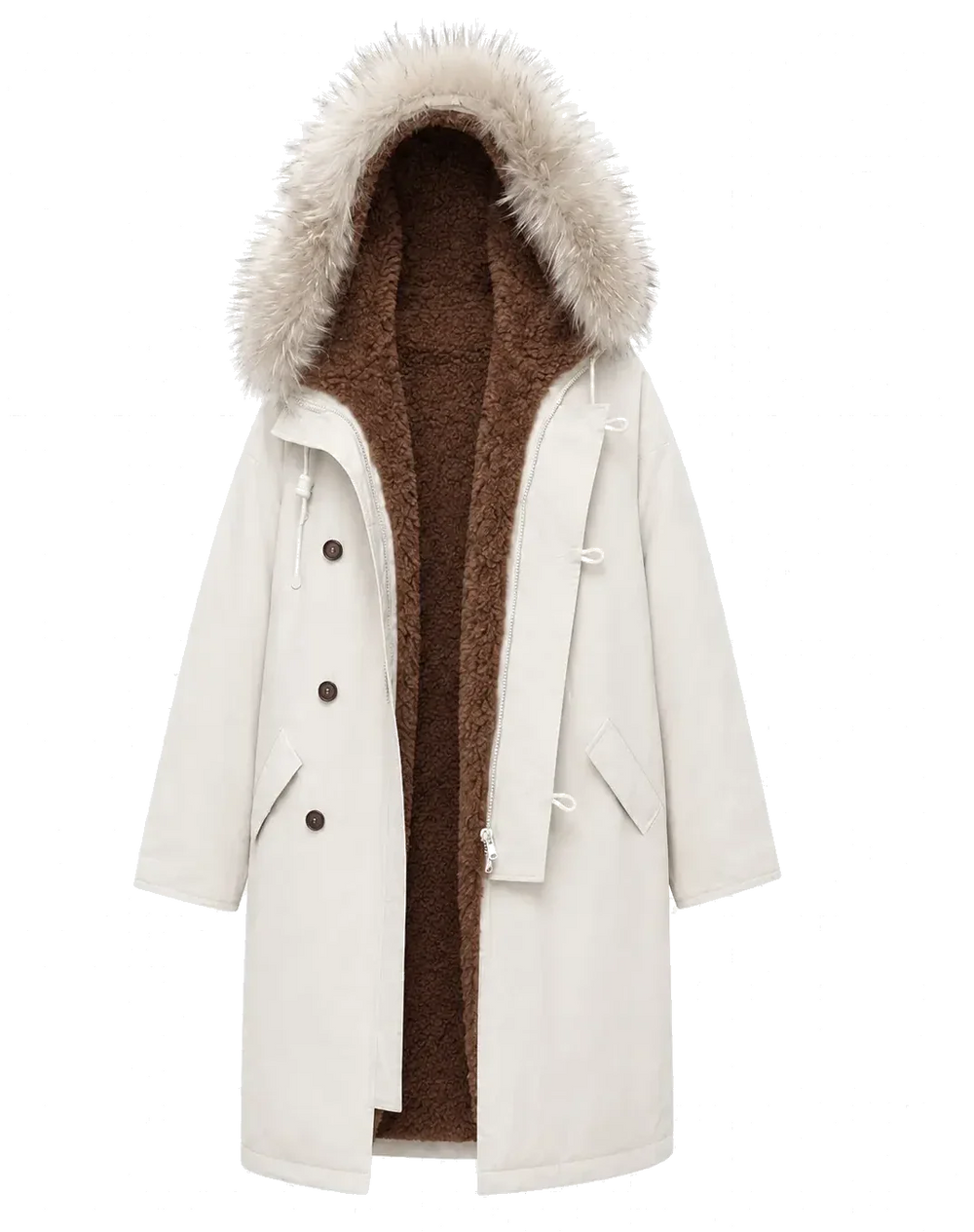 White Manchester parka opened at the front, showing its hood, closures, pockets and below-hip body