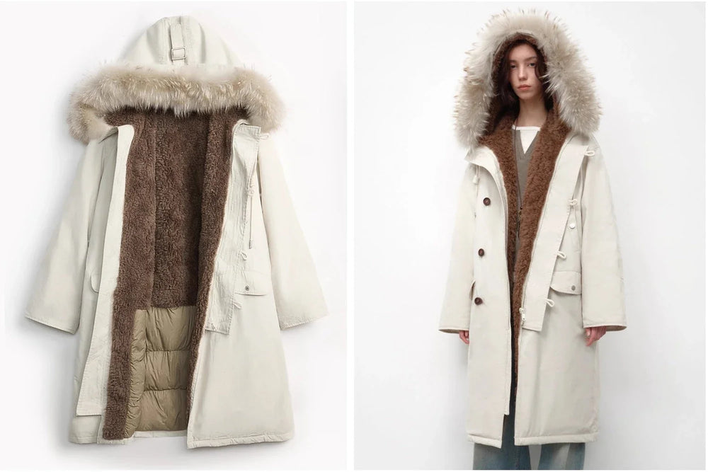 Manchester parka opened to reveal brown textured inner body panels and quilted lower lining