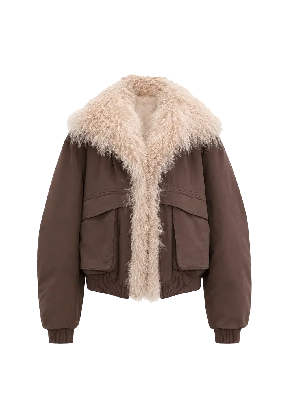 Brown Winter Is Coming short parka shown from the front with a contrasting collar and front fastenings