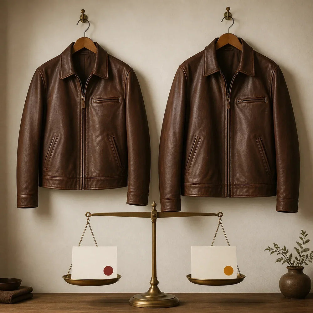 Two brown leather jackets in different sizes above a balance scale