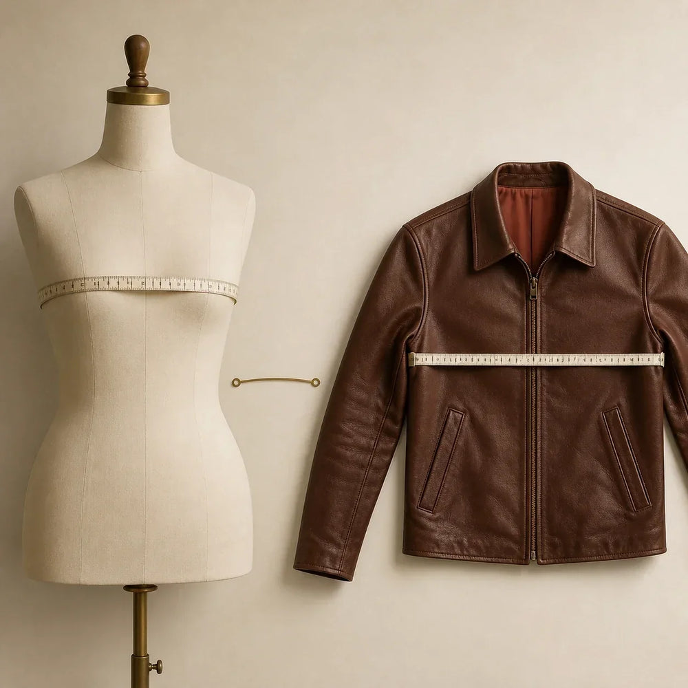 Dress form and leather jacket showing body and garment chest measurements side by side