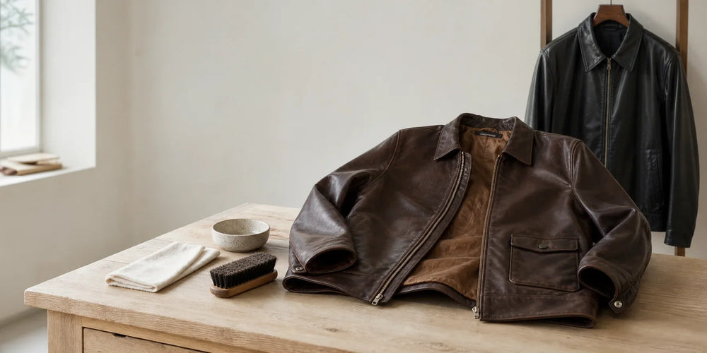 Brown leather jacket laid on a clean workbench beside a white cloth and soft brush