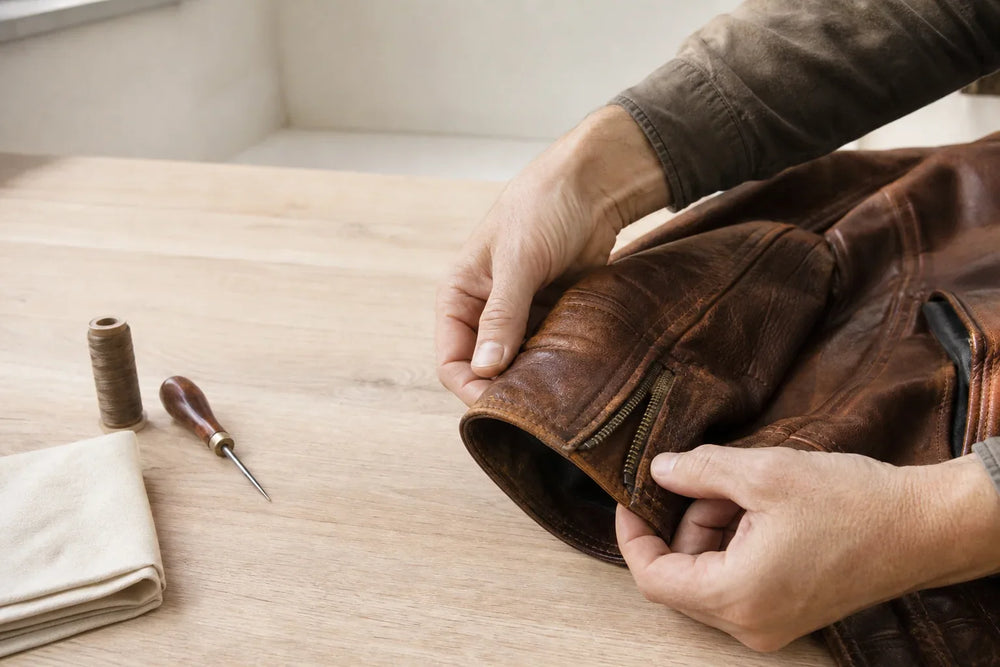 Leather jacket cuff and seam inspected on a workbench
