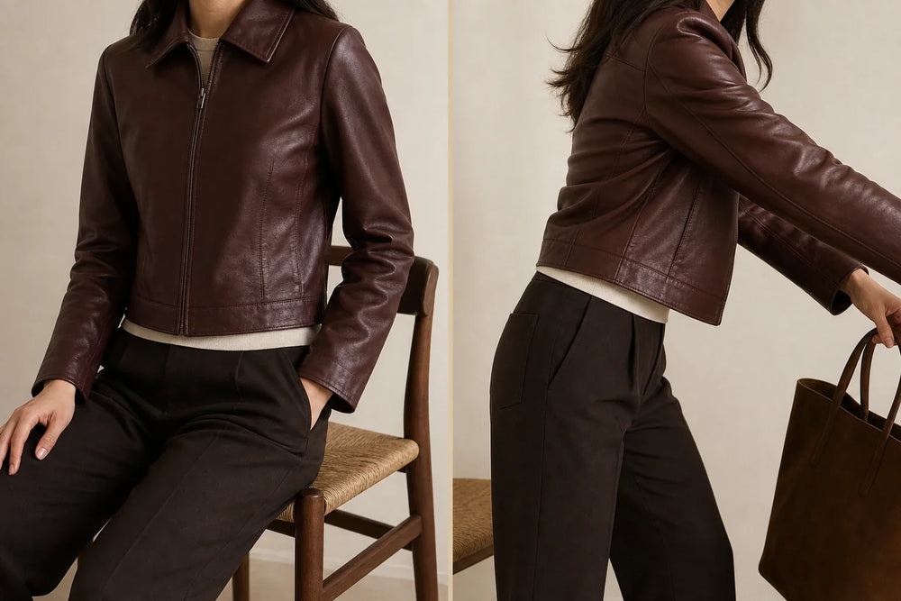 Cropped leather jacket shown in movement for evaluating denim proportion