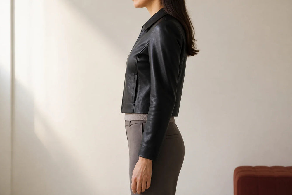 Side view used to judge cropped leather jacket proportion and designer silhouette