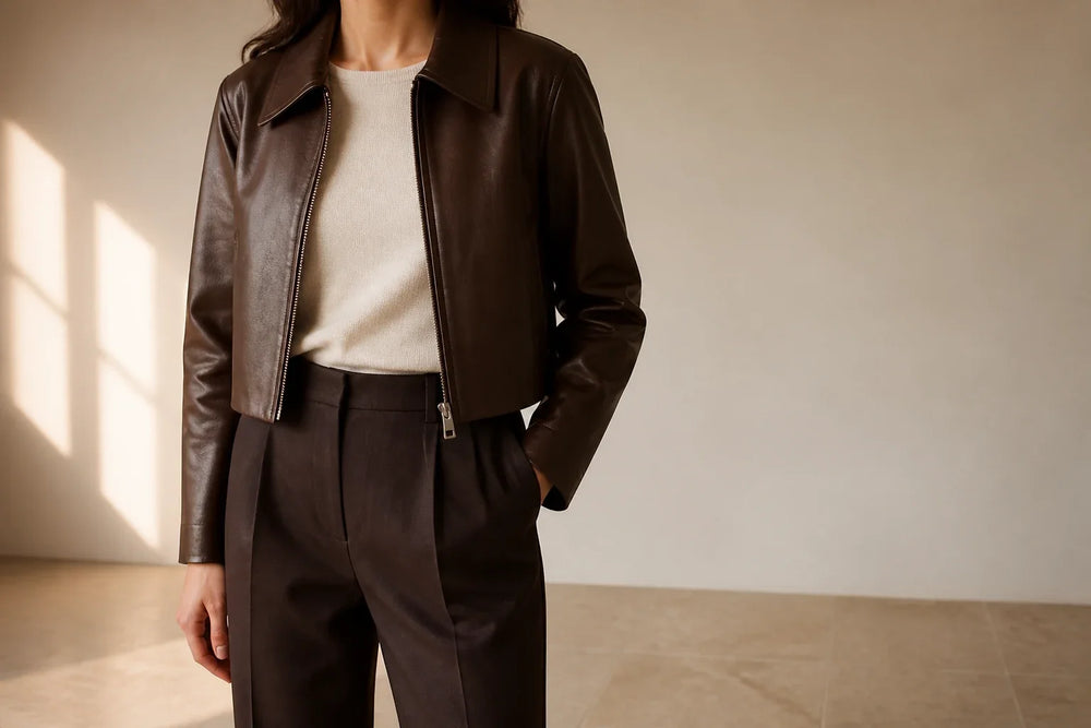 Woman in brown cropped leather jacket showing jacket hem and trouser waistband proportion
