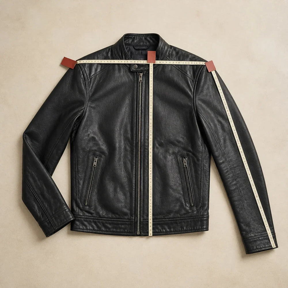 Black leather jacket laid flat with shoulder sleeve and body length tape routes
