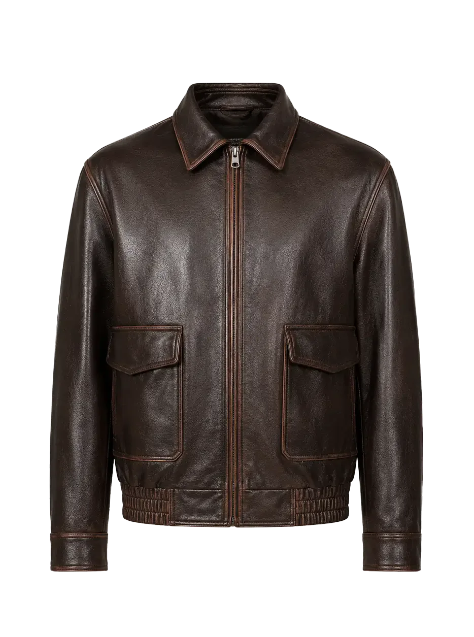 Leather jacket profile showing grain, panel placement and a balanced garment shape