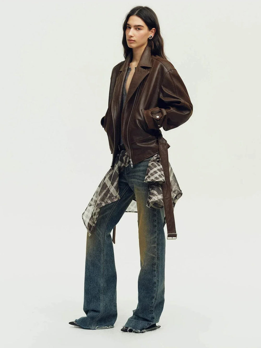 Side view of a leather jacket fit for spring and fall layering