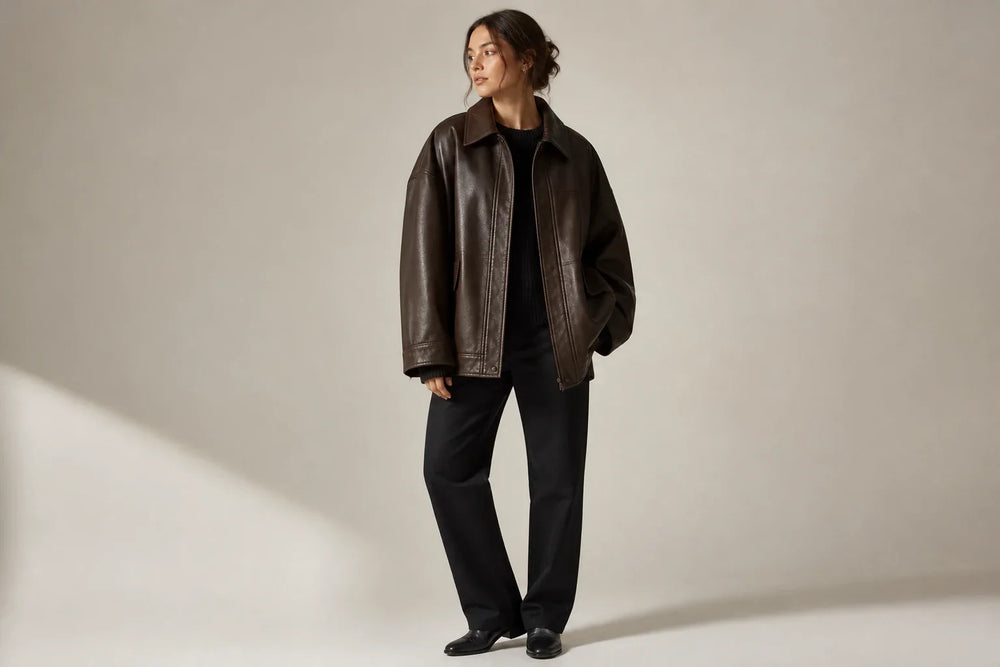 Woman wearing an intentionally oversized espresso leather jacket with coherent shoulder, sleeve and body volume