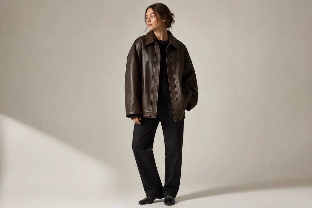 Woman wearing an intentionally oversized leather jacket with balanced shoulder sleeve and body volume