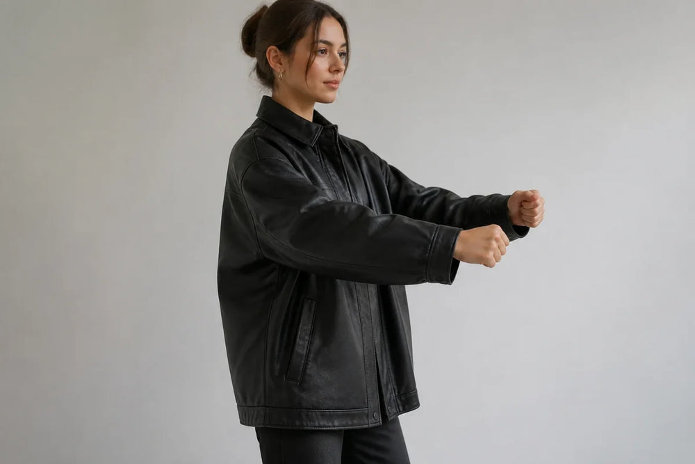 Oversized leather jacket tested during movement for daily use