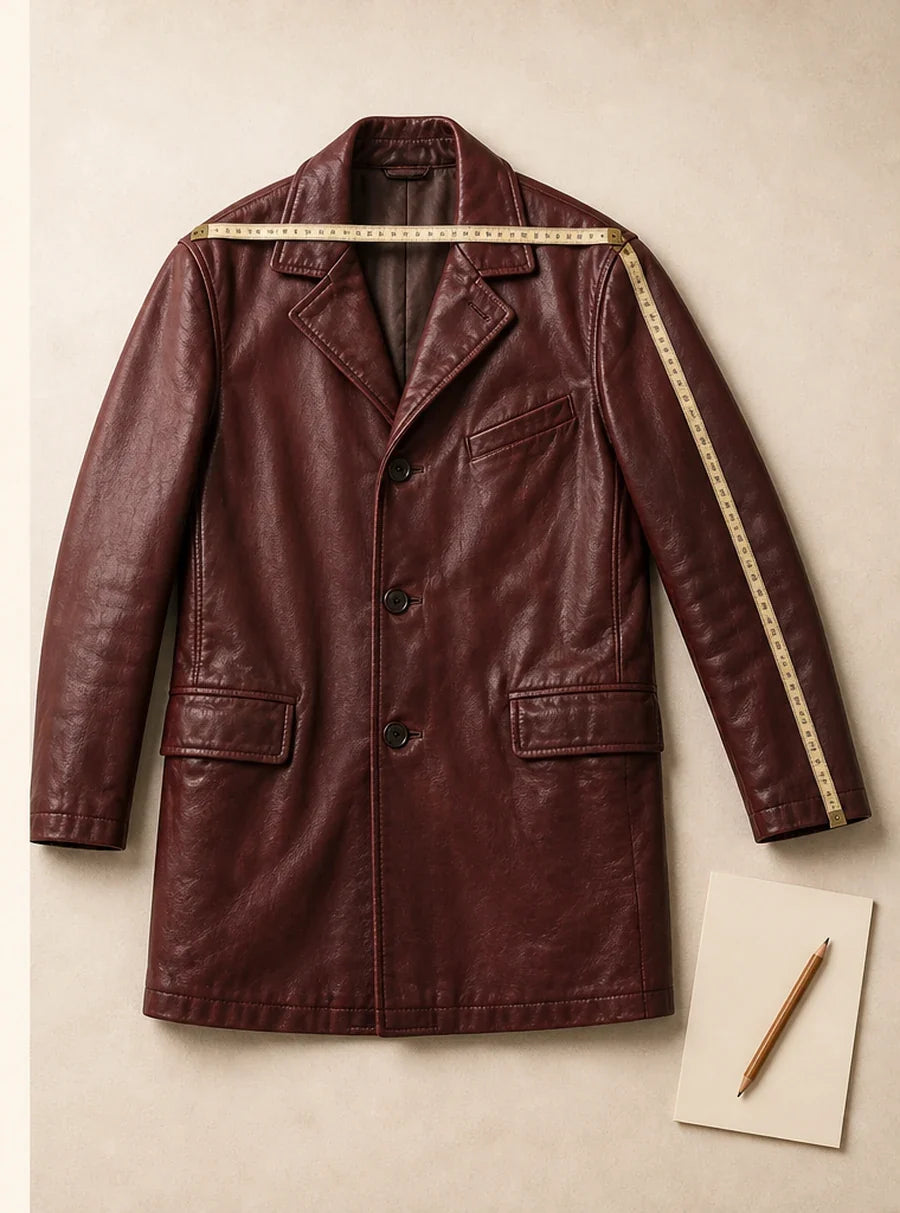 Long leather jacket used to compare finished garment weight and material area