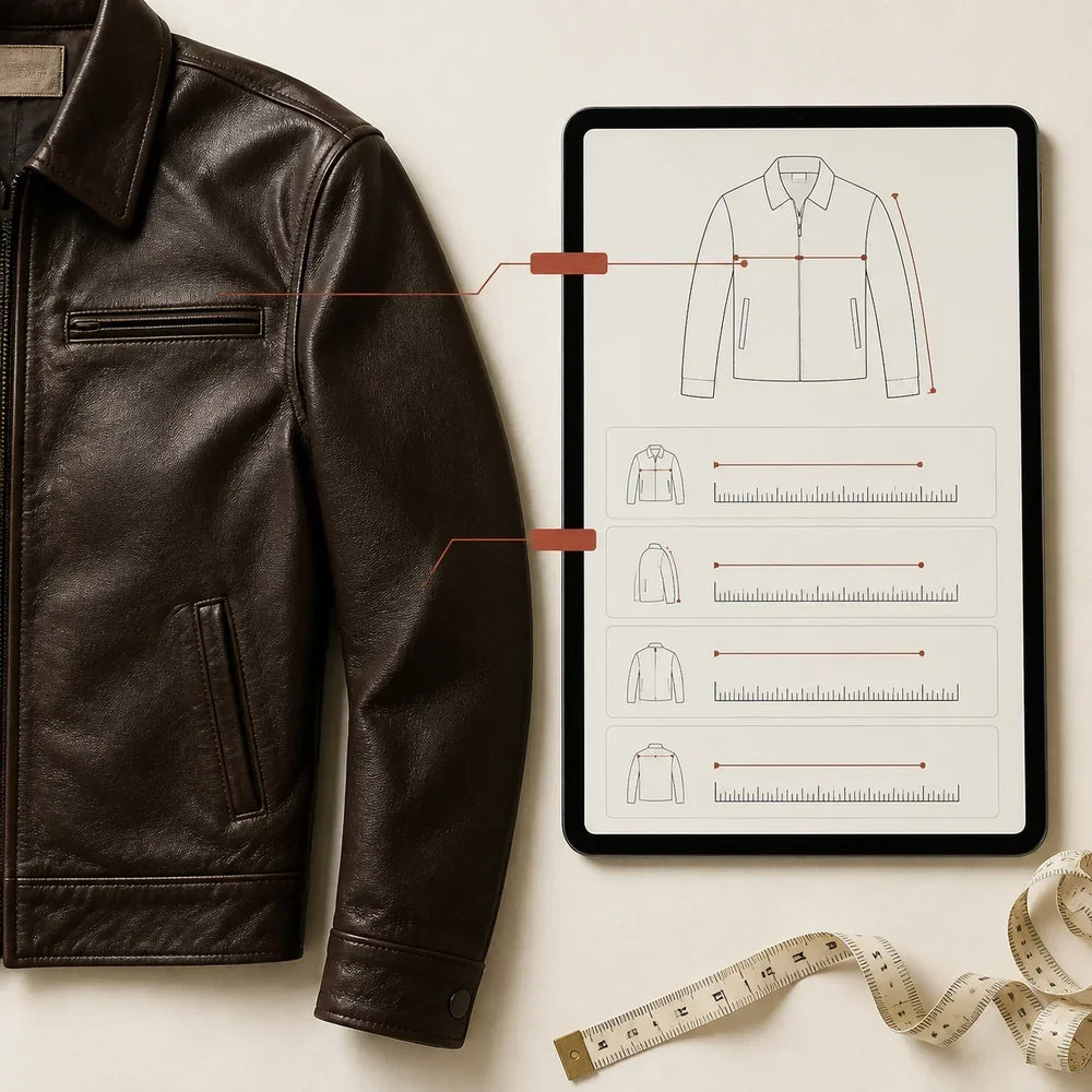 Leather jacket beside a product measurement interface showing chest and sleeve routes