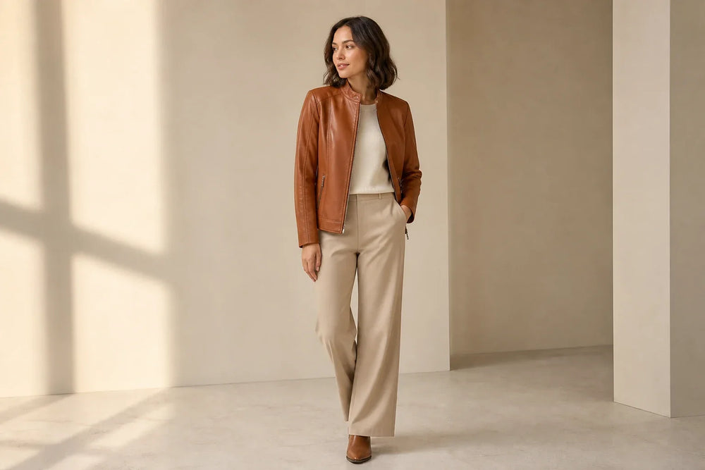 Petite woman in a cognac leather jacket with aligned shoulder, cuff, pocket and high-hip hem