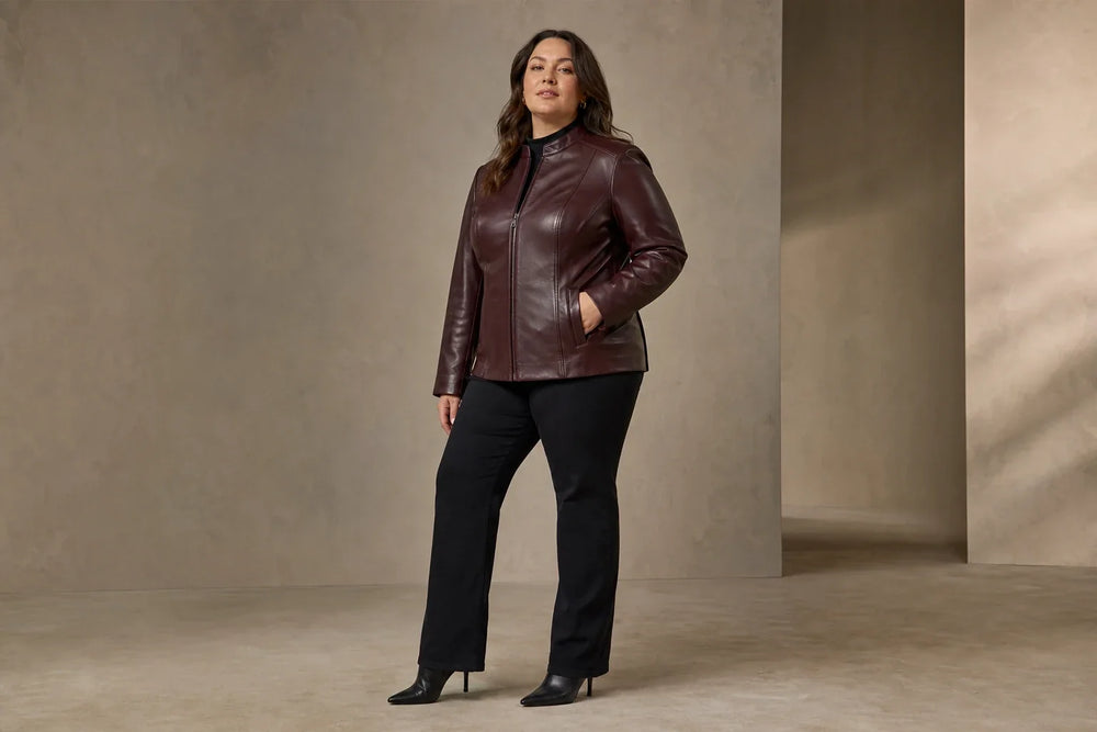 Cold-weather leather jacket fit with balanced shoulder front and hem