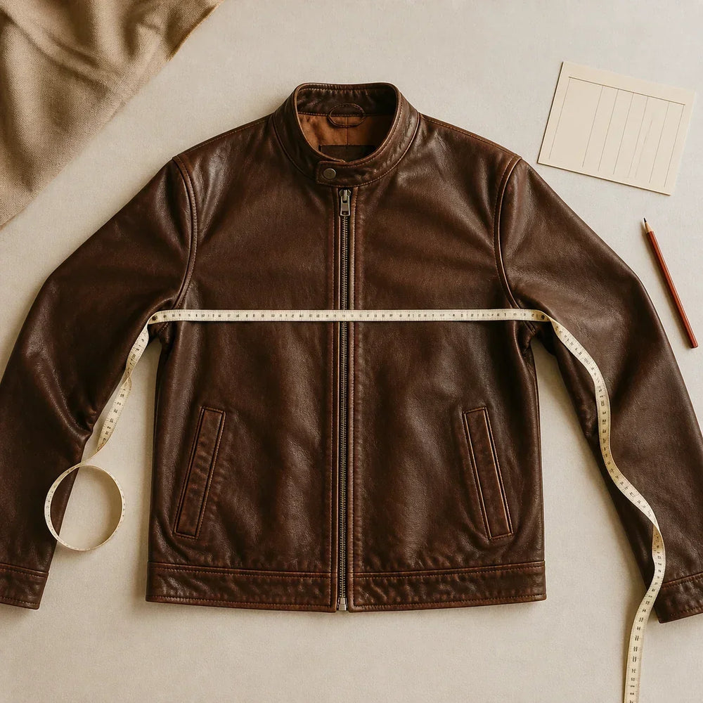 Brown leather jacket laid flat with a measuring tape across the chest