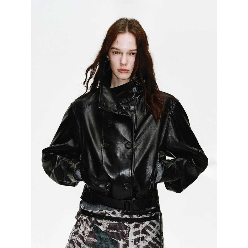 Black leather jacket with a high funnel collar showing the face-framing open shape