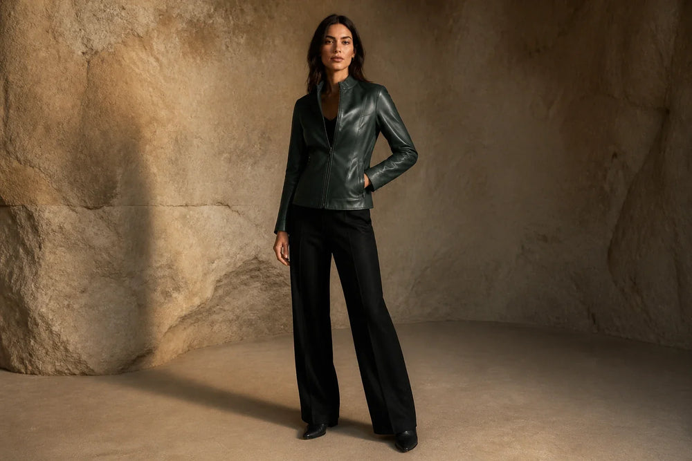 Tall woman in a forest green leather jacket with precise shoulder and sufficient sleeve and body length