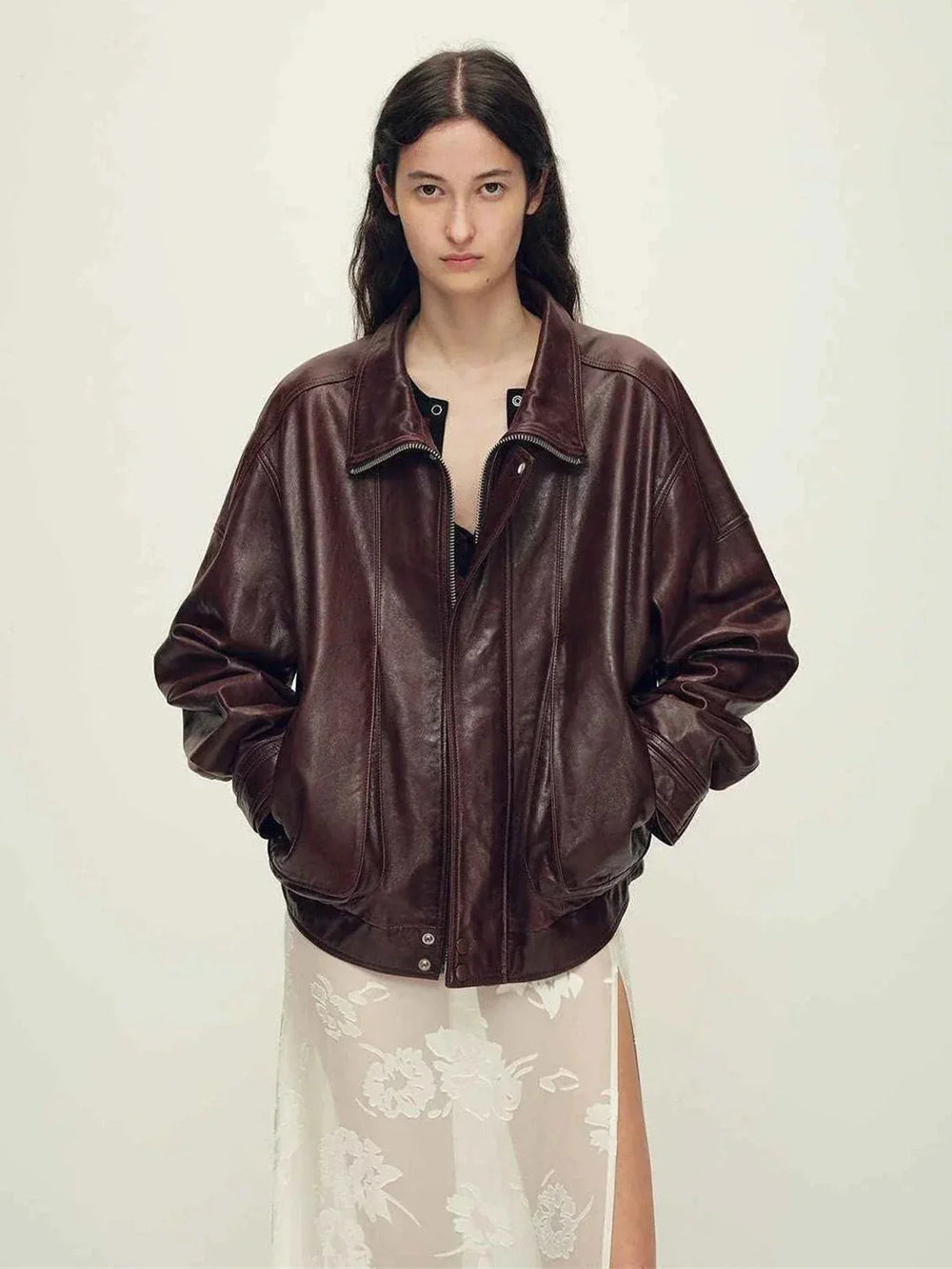 Roomy leather jacket full view for knit layering