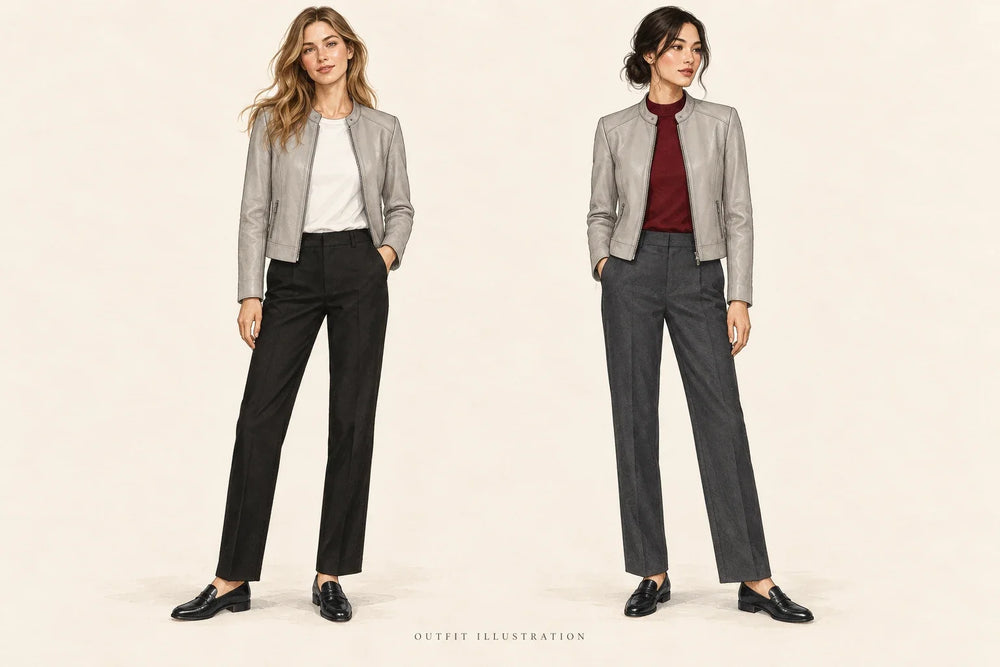 Two illustrated light-gray jacket outfits with white and black, or burgundy and charcoal.