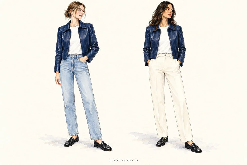 Two illustrated navy jacket outfits with pale-blue jeans or cream trousers.