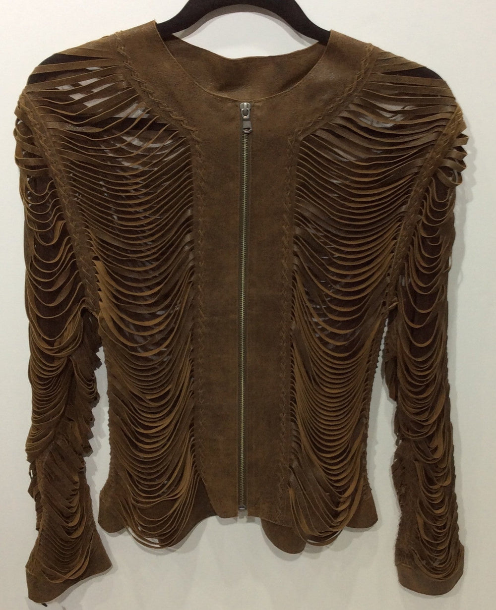 Brown zip-front jacket with repeated open leather strips across the body and sleeves.