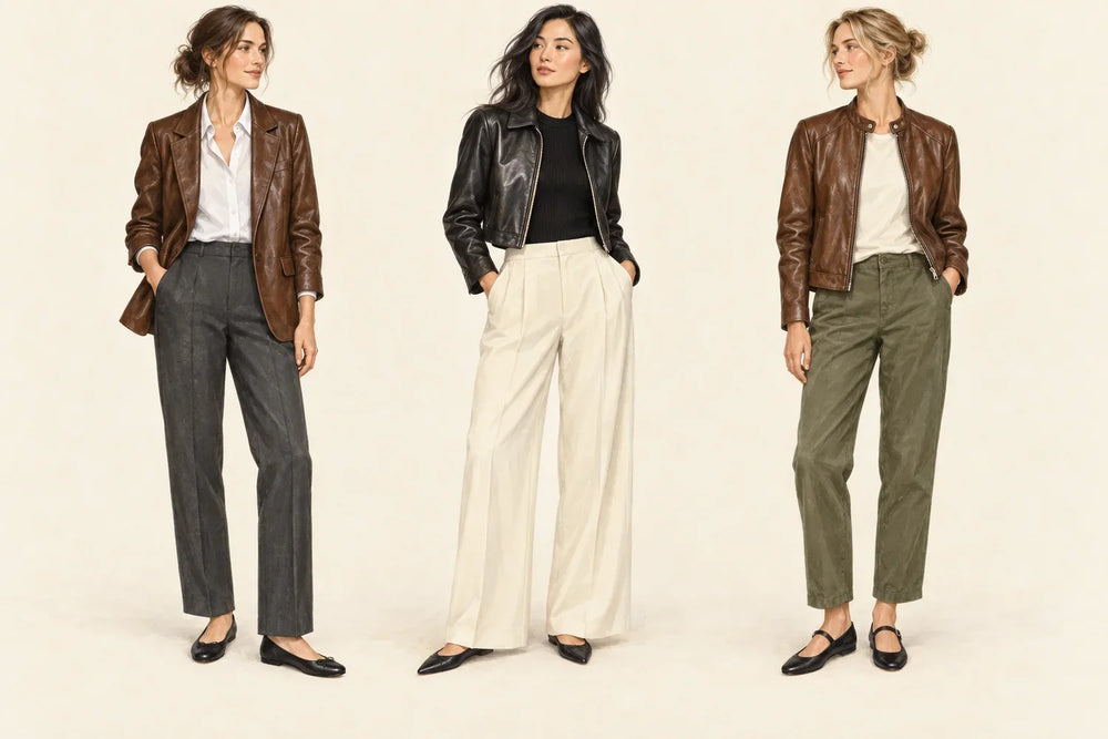 Three illustrated women in leather jackets, straight or wide trousers and ballet flats, with trouser hems clearing the ground.