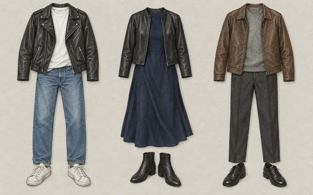 Illustrated leather-jacket outfits with jeans and sneakers, a navy dress and boots, and dark trousers with a knit.
