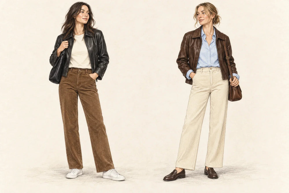 Illustrated brown corduroy outfit with black leather and cream corduroy outfit with brown leather