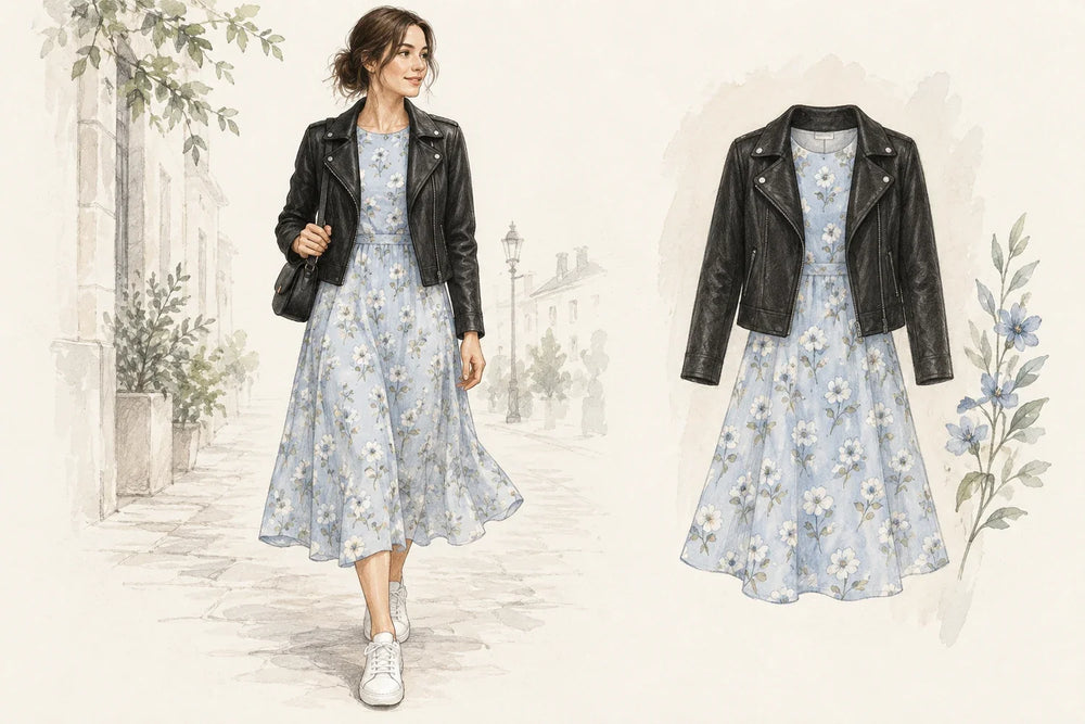 Illustrated black leather jacket over a pale blue floral midi dress and white sneakers