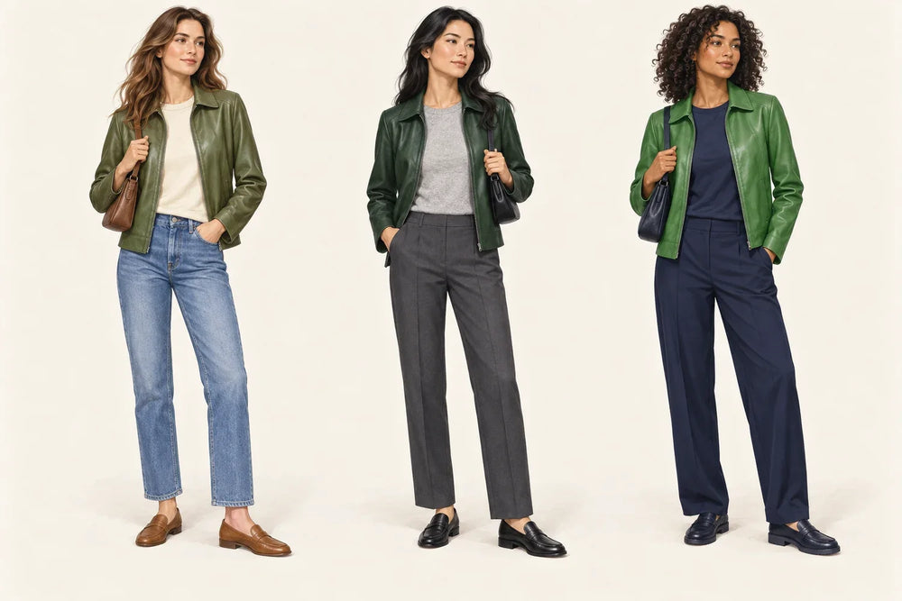 Illustrated olive, forest and brighter-green leather jackets with denim, charcoal trousers and a navy outfit.
