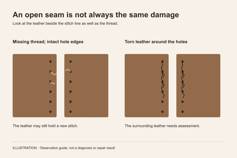 Diagram comparing missing thread in intact holes with cracks beside needle holes.