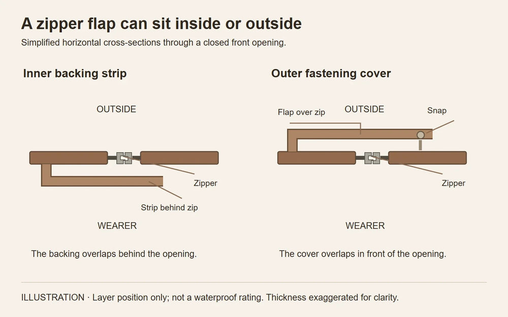 An inner backing strip and an outer fastening cover occupy different sides of the zipper. Conceptual construction illustration.